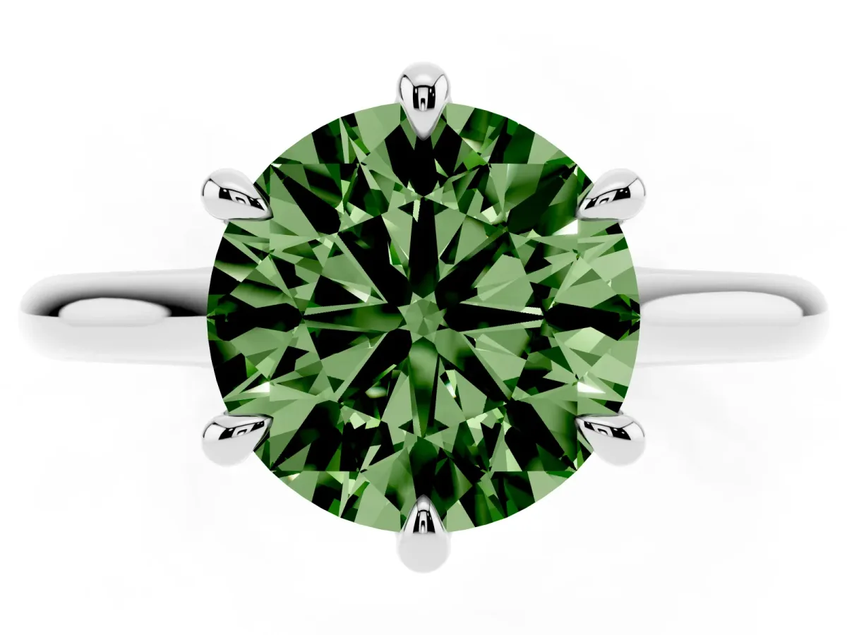 Fancy Green Round Cut Solitaire Engagement Ring with Six-Prong Setting and Classic Band Silver