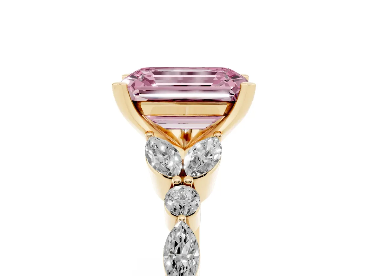 Fancy Pink Emerald Cut Diamond Solitaire Ring with Side Stones and Four-Prong Setting Yellow gold