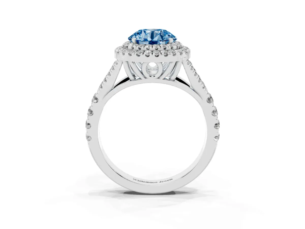Fancy Blue Round Cut Cut Double Halo Split Shank Diamond Ring with Prong Setting Silver