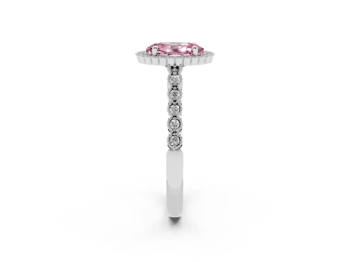 Fancy Pink Oval Cut Cut Halo Pavé Solitaire Ring with Milgrain Band White gold