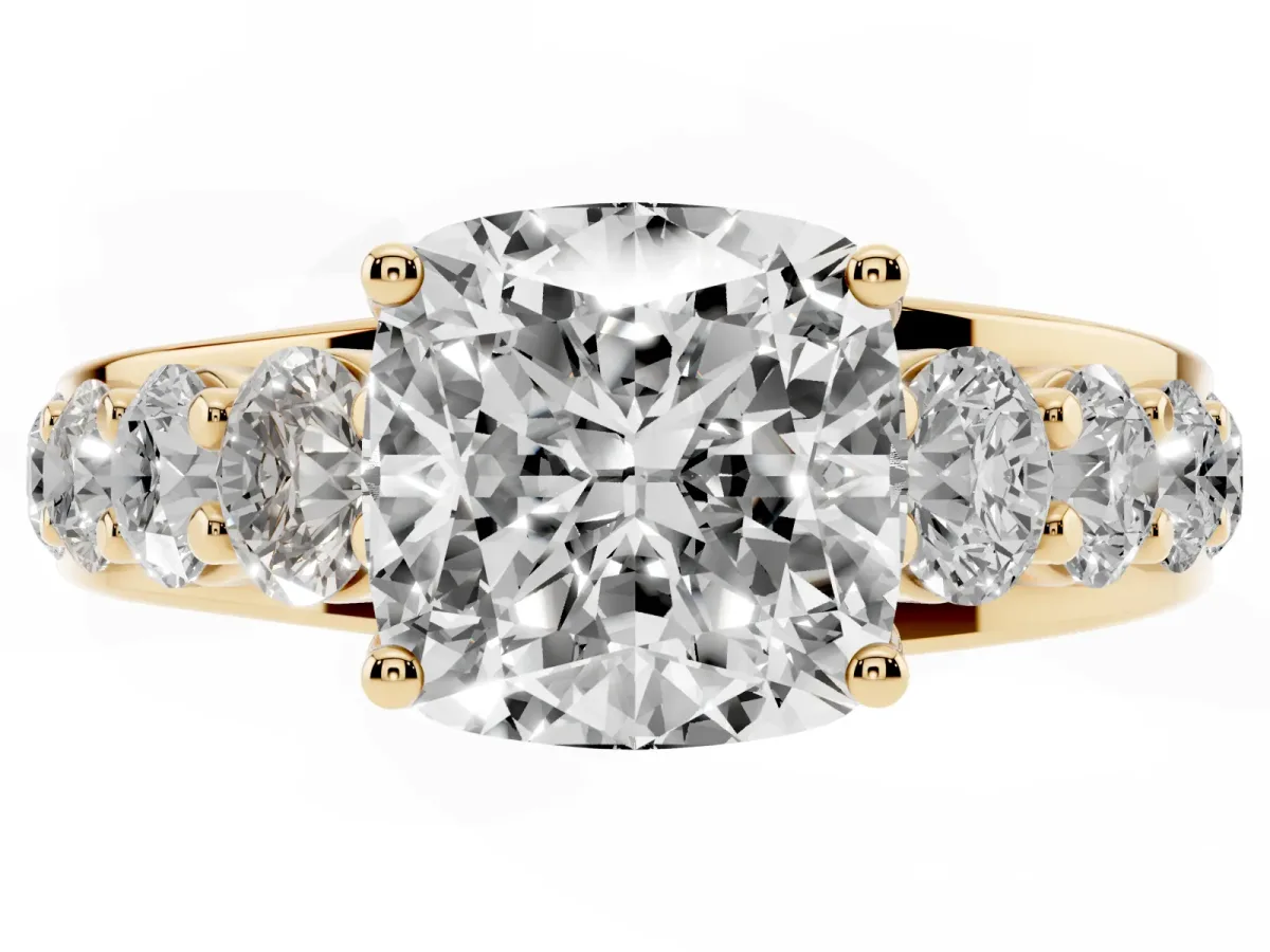 Cushion Cut Diamond Engagement Ring with Pavé Band and Four-Prong Setting Yellow gold
