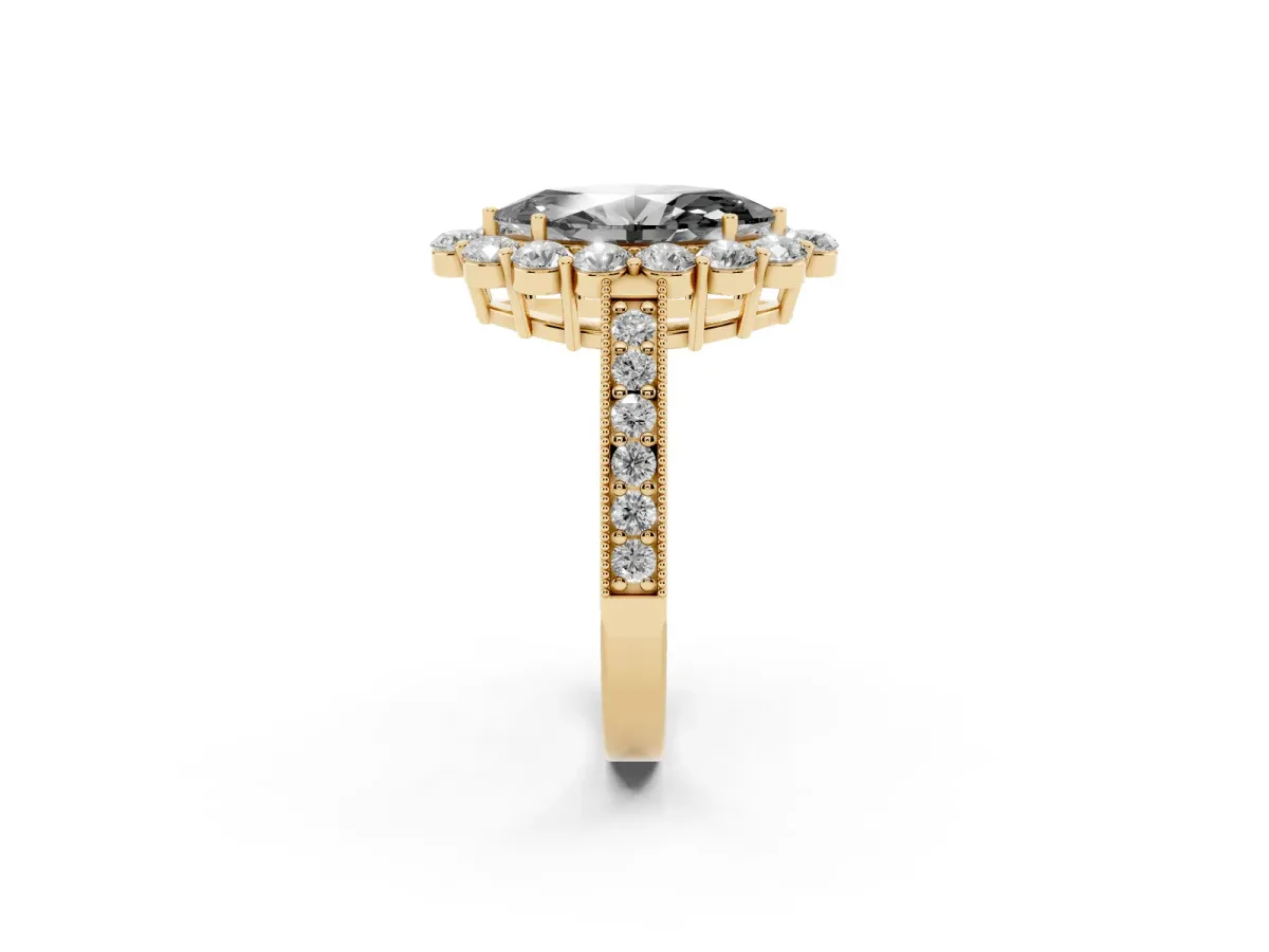 Fancy Black Marquise Cut Cut Halo Diamond Pavé Engagement Ring with Milgrain Detailing Yellow gold