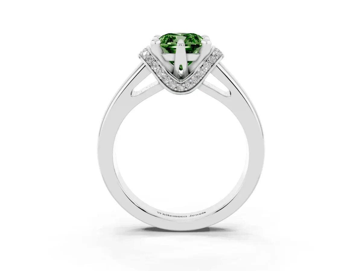 Fancy Green Cushion Cut Solitaire Diamond Ring with Pave Band and Six-Prong Setting Platinum