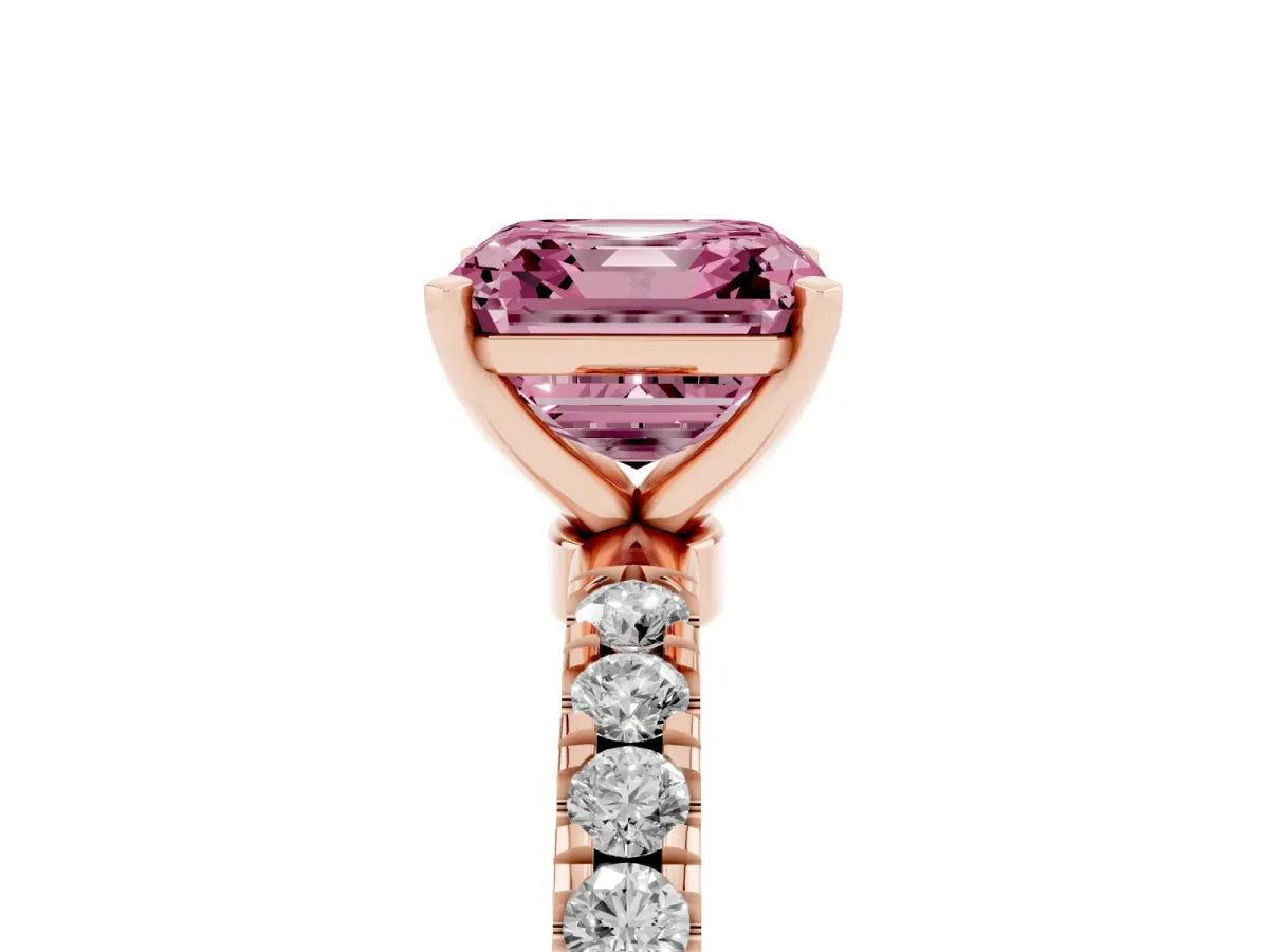 Fancy Pink Asscher Cut Diamond Solitaire Ring with Pavé Accents and Four-Prong Setting Rose gold