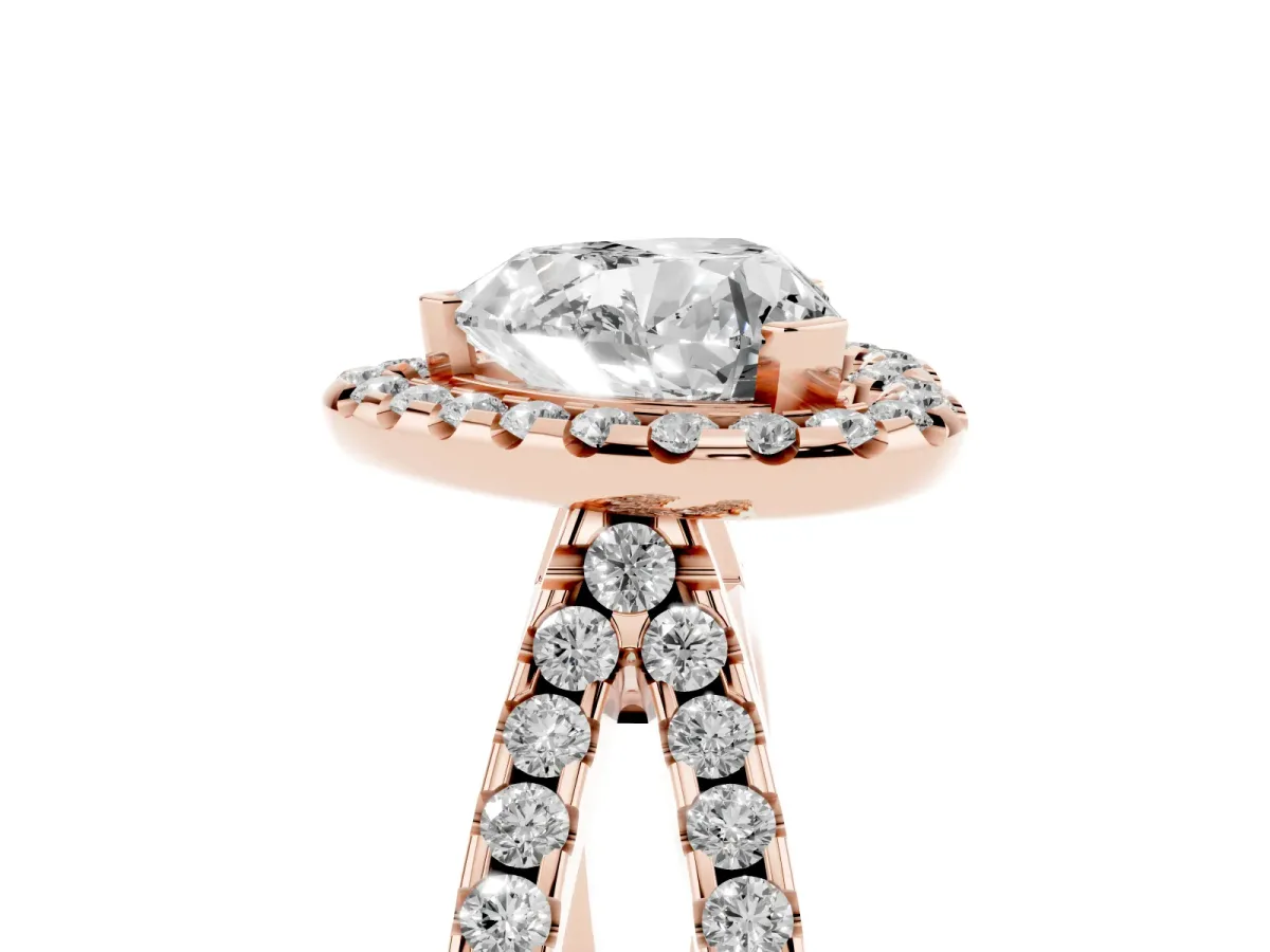 Heart Cut Diamond Halo Ring with Split Shank Pavé Band and Prong Setting Rose gold