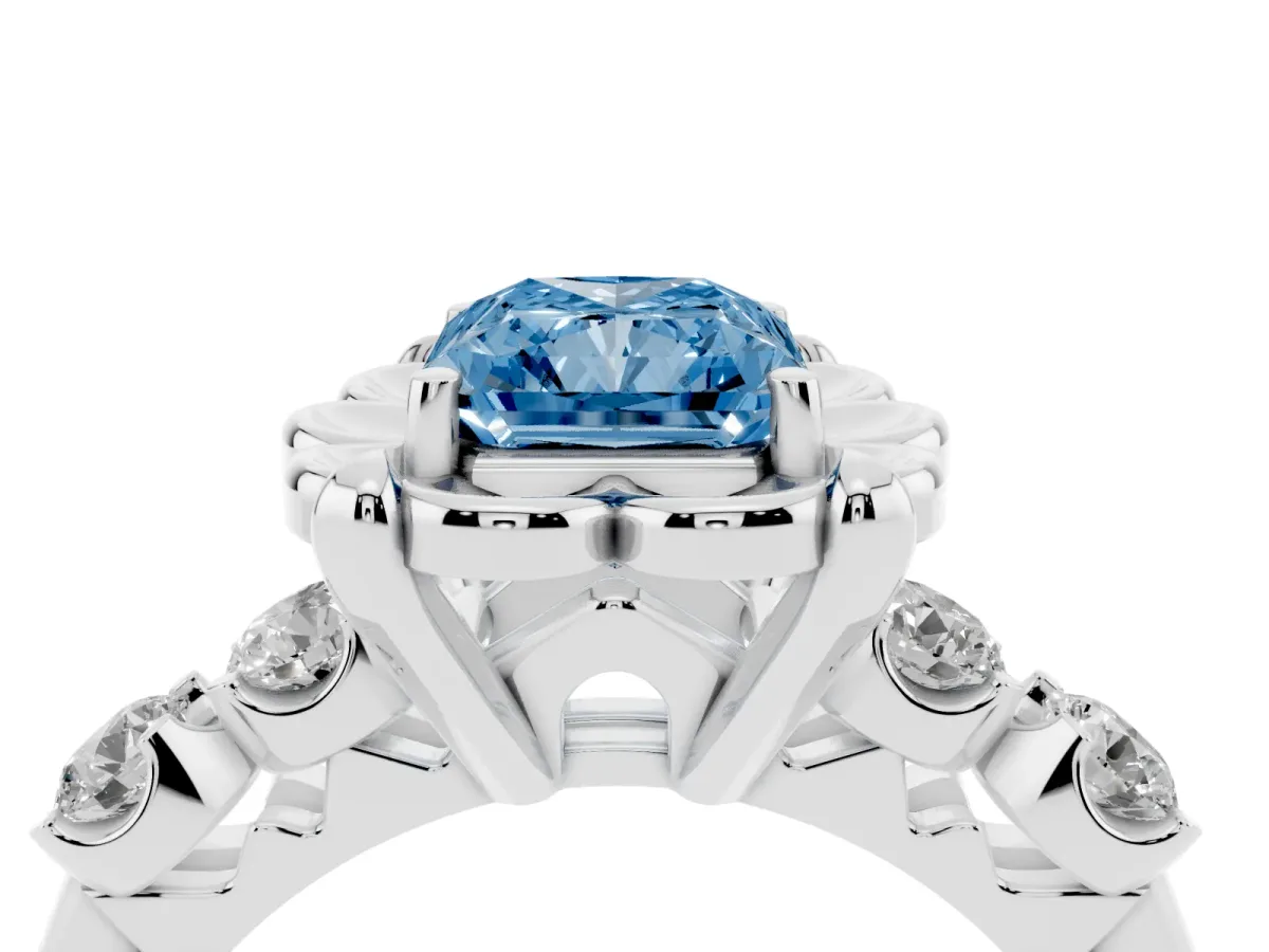 Fancy Blue Radiant Cut Cut Diamond Floral Halo Engagement Ring with Shared Prong Setting Silver