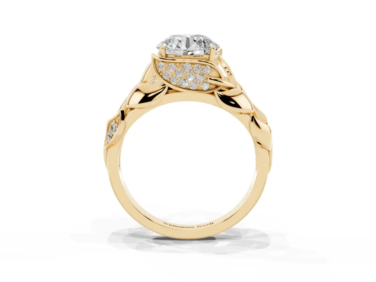 Round Cut Diamond Leaf-Inspired Engagement Ring with Round Accents and Prong Setting Yellow gold