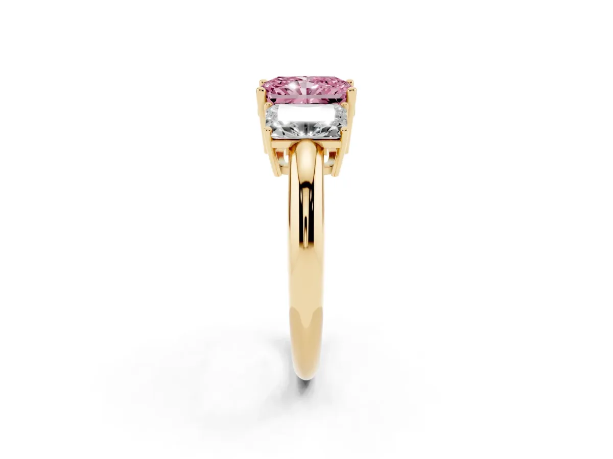 Fancy Pink Three-Stone Radiant Cut Cut Diamond Engagement Ring with Prong Setting on a White Gold Band Yellow gold