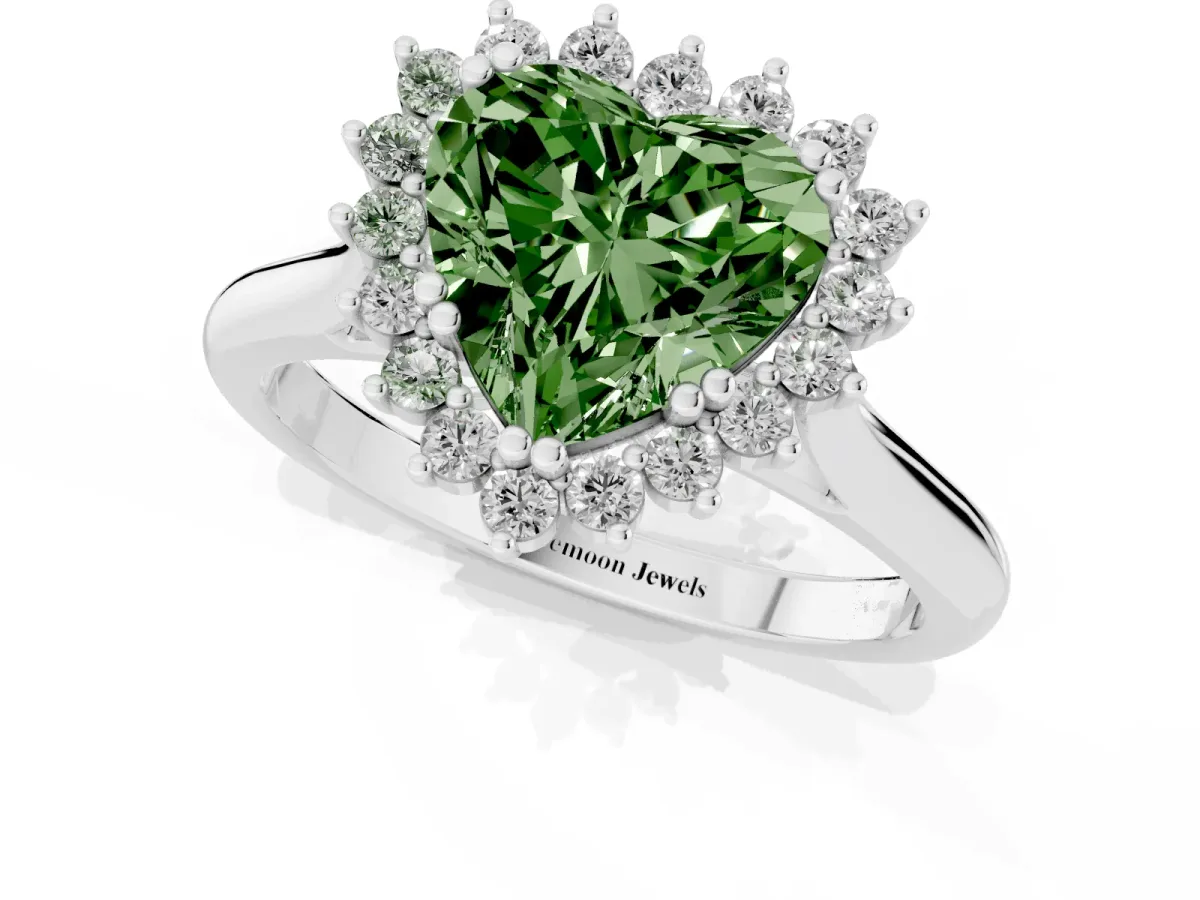 Fancy Green Heart Cut Cut Diamond Halo Ring with Solitaire Band and Prong Setting Platinum