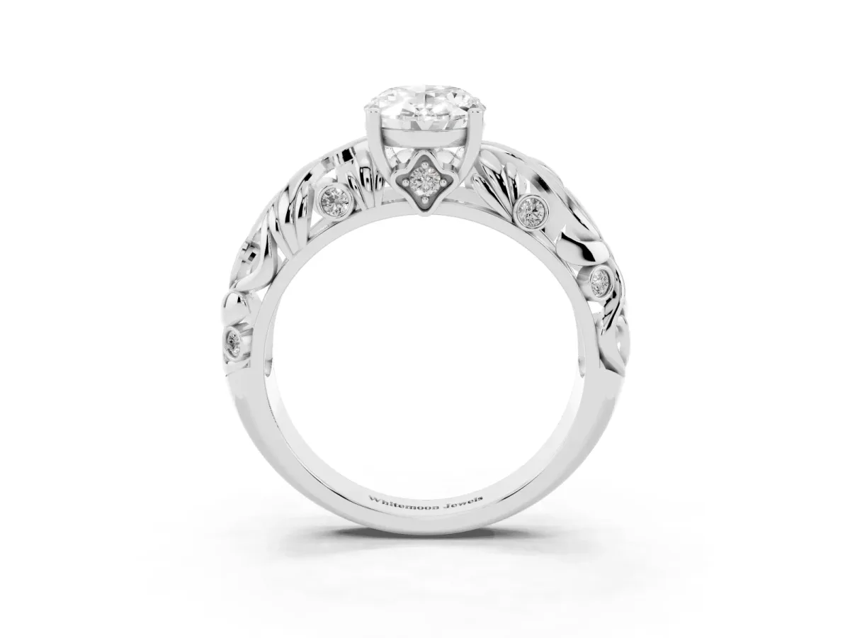 Oval Cut Solitaire Diamond Leaf-Inspired Vine Band Ring with Prong Setting Platinum