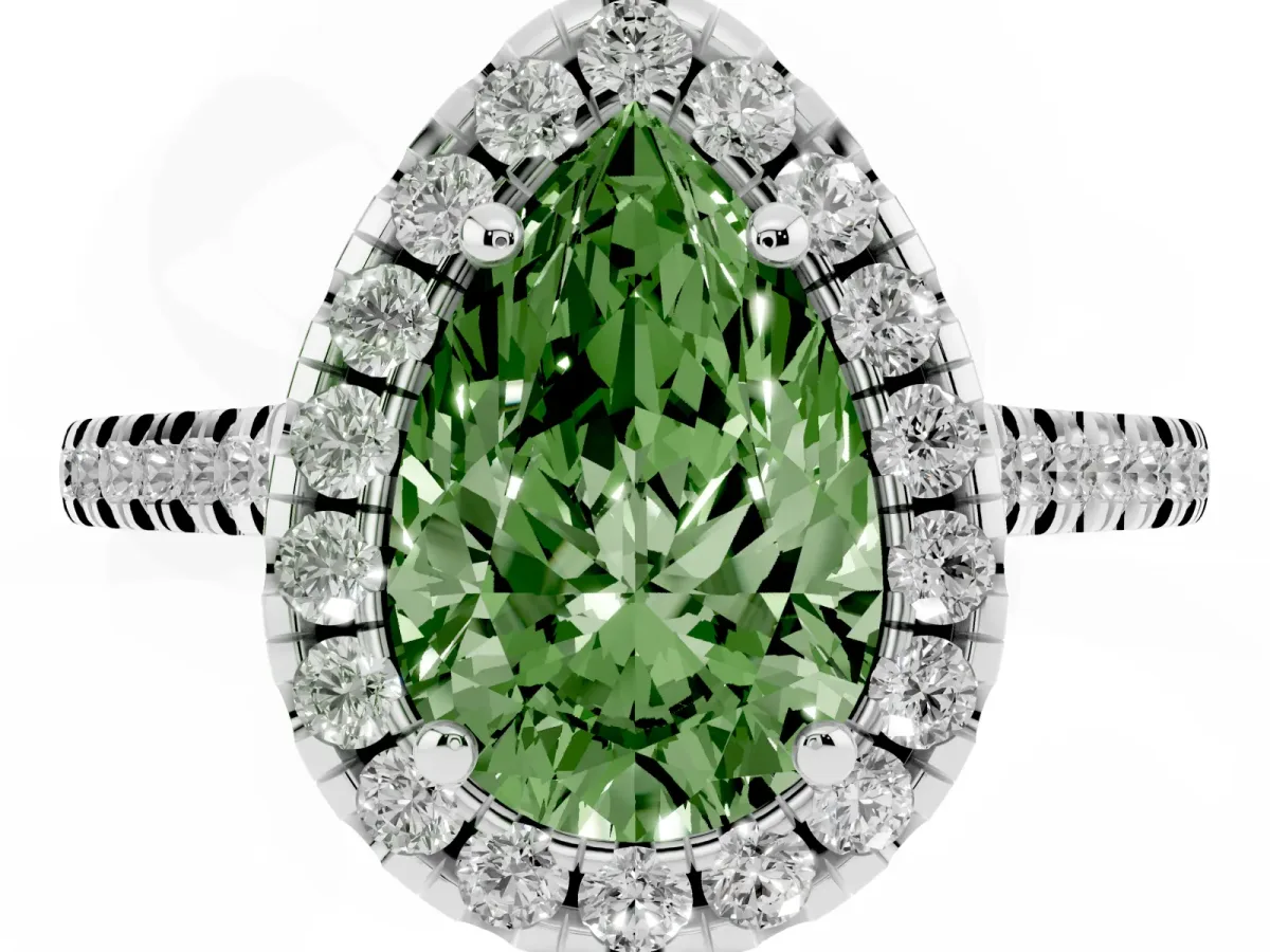 Fancy Green Pear Cut Diamond Cushion Halo Ring with Pavé Band White gold