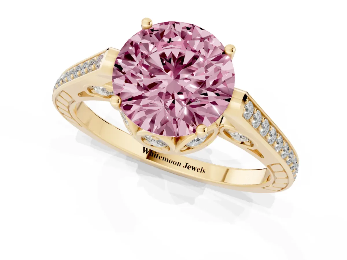 Fancy Pink Round Cut Cut Cathedral Pave Diamond Engagement Ring with Six-Prong Setting Yellow gold