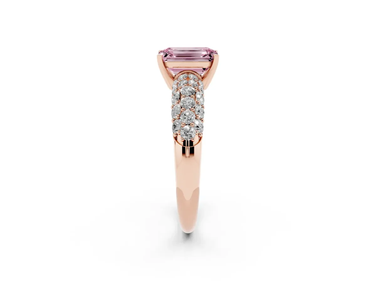 Fancy Pink Emerald Cut Diamond Pavé Band Solitaire Ring with Four-Prong Setting Rose gold