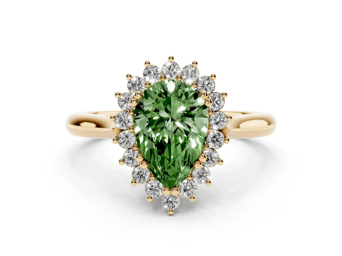 Fancy Green Pear Cut Cut Diamond Halo Ring with Solitaire Band and Prong Setting Yellow gold