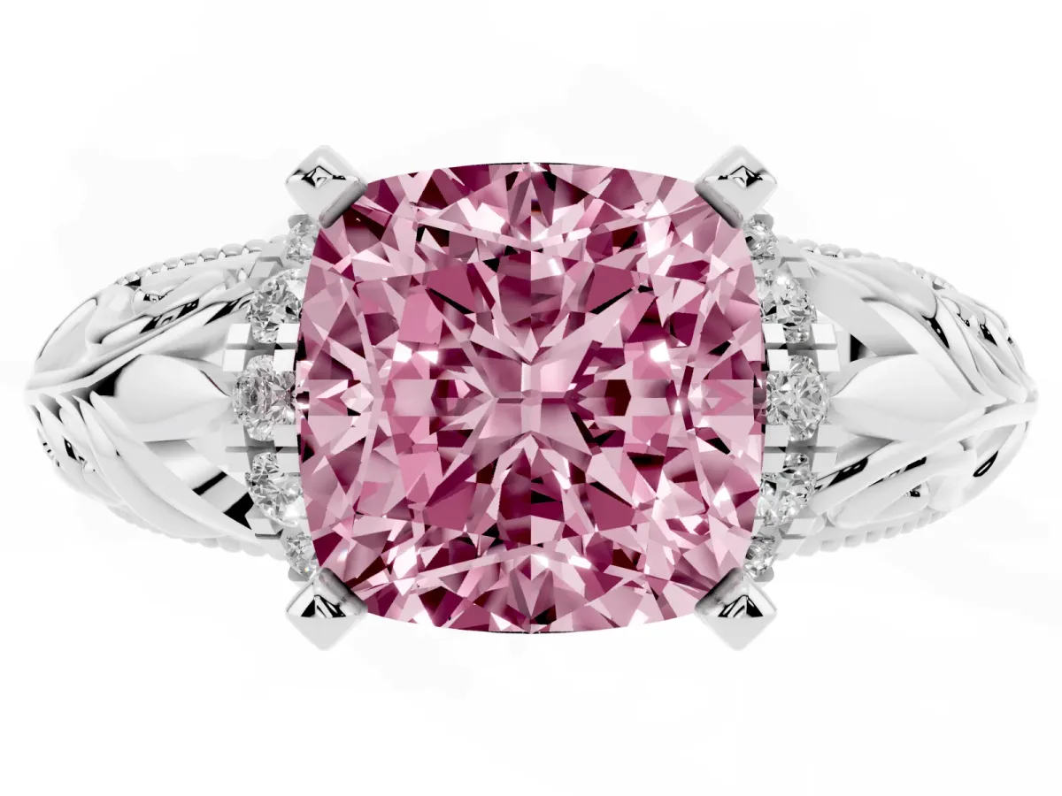 Fancy Pink Cushion Cut Solitaire Filigree Engagement Ring with Halo and Prong Setting Silver