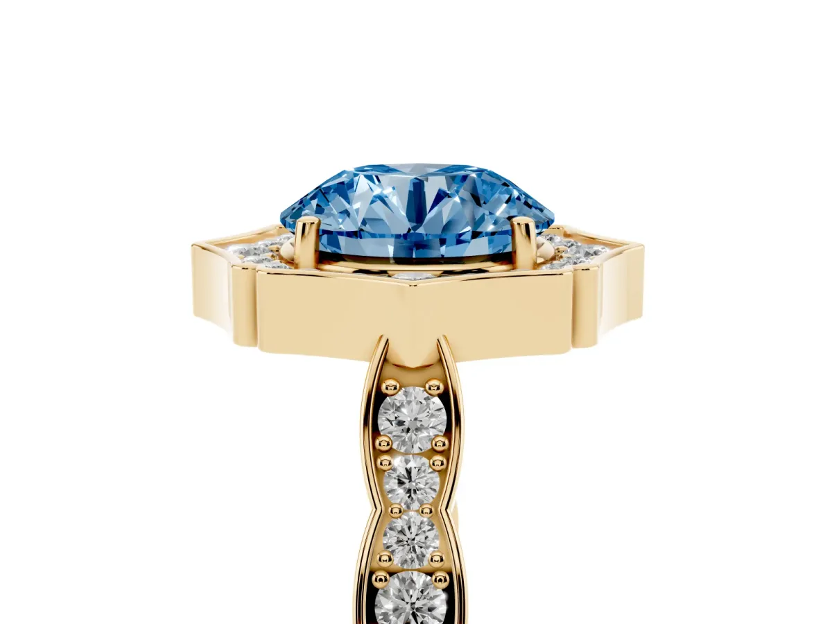 Fancy Blue Round Cut Halo Diamond Engagement Ring with Milgrain Band and Four-Prong Setting Yellow gold