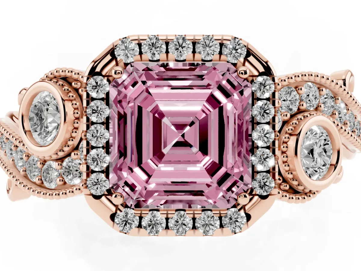 Fancy Pink Asscher Cut Diamond Halo Ring with Milgrain Pavé Band and Four-Prong Setting Rose gold
