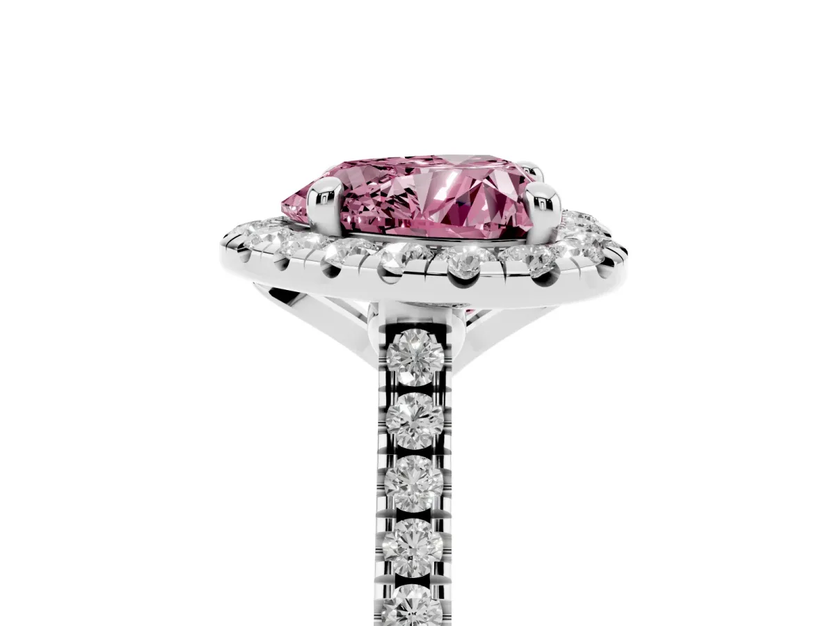 Fancy Pink Heart Cut Diamond Cushion Halo Ring with Pavé Band White gold