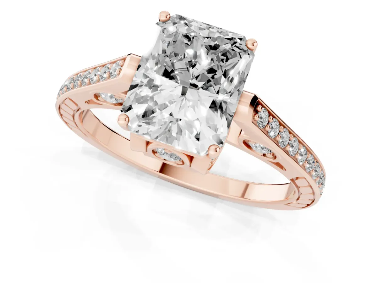 Radiant Cut Cut Cathedral Pave Diamond Engagement Ring with Six-Prong Setting Rose gold