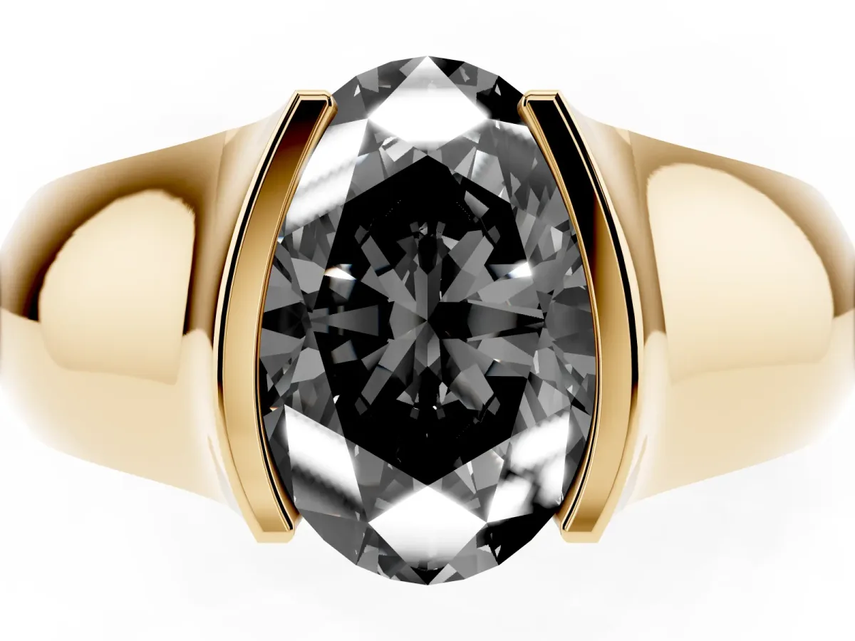 Fancy Black Oval Cut Solitaire Bezel Set Diamond Ring with Wide Band Yellow gold