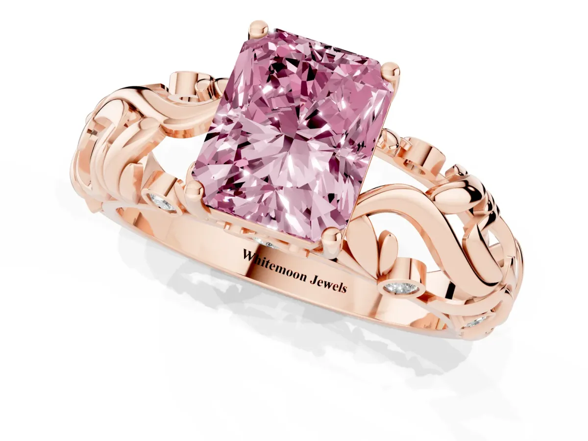 Fancy Pink Radiant Cut Solitaire Diamond Leaf-Inspired Vine Band Ring with Prong Setting Rose gold
