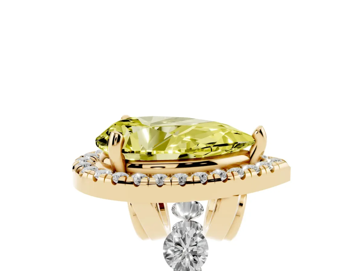 Fancy Yellow Pear Cut Halo Pavé Diamond Engagement Ring with Four-Prong Setting Yellow gold