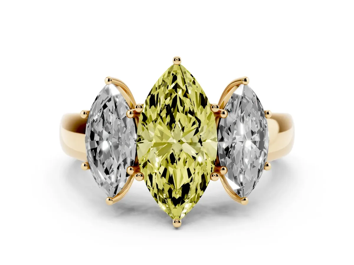 Fancy Yellow Three-Stone Marquise Cut Cut Diamond Ring with Prong Setting and Classic Band Yellow gold