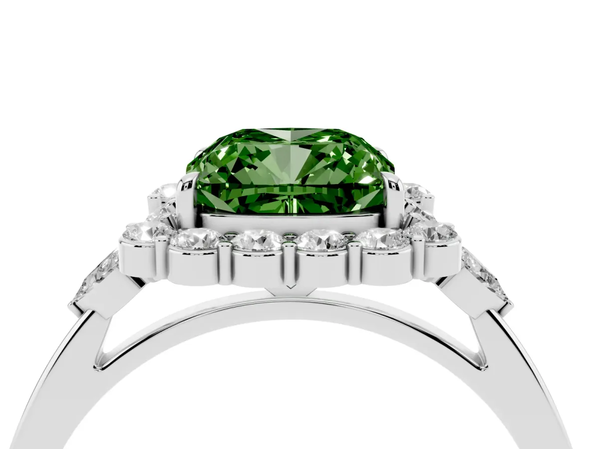 Fancy Green Cushion Cut Diamond Halo Ring with Pear Side Stones and Prong Setting Silver