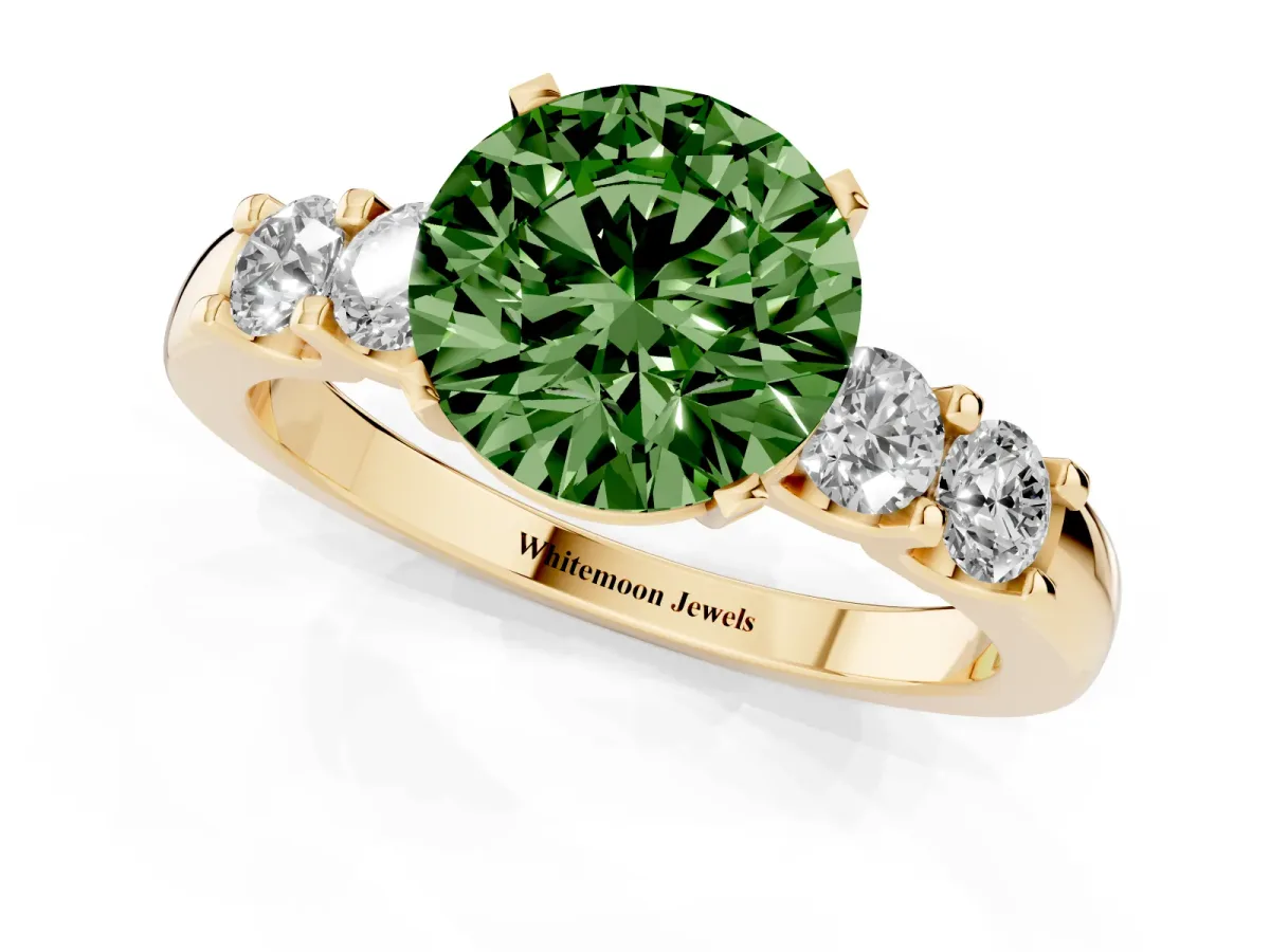 Fancy Green Round Cut Brilliant Cut Diamond Five-Stone Prong Set Engagement Ring with Channel Band Yellow gold