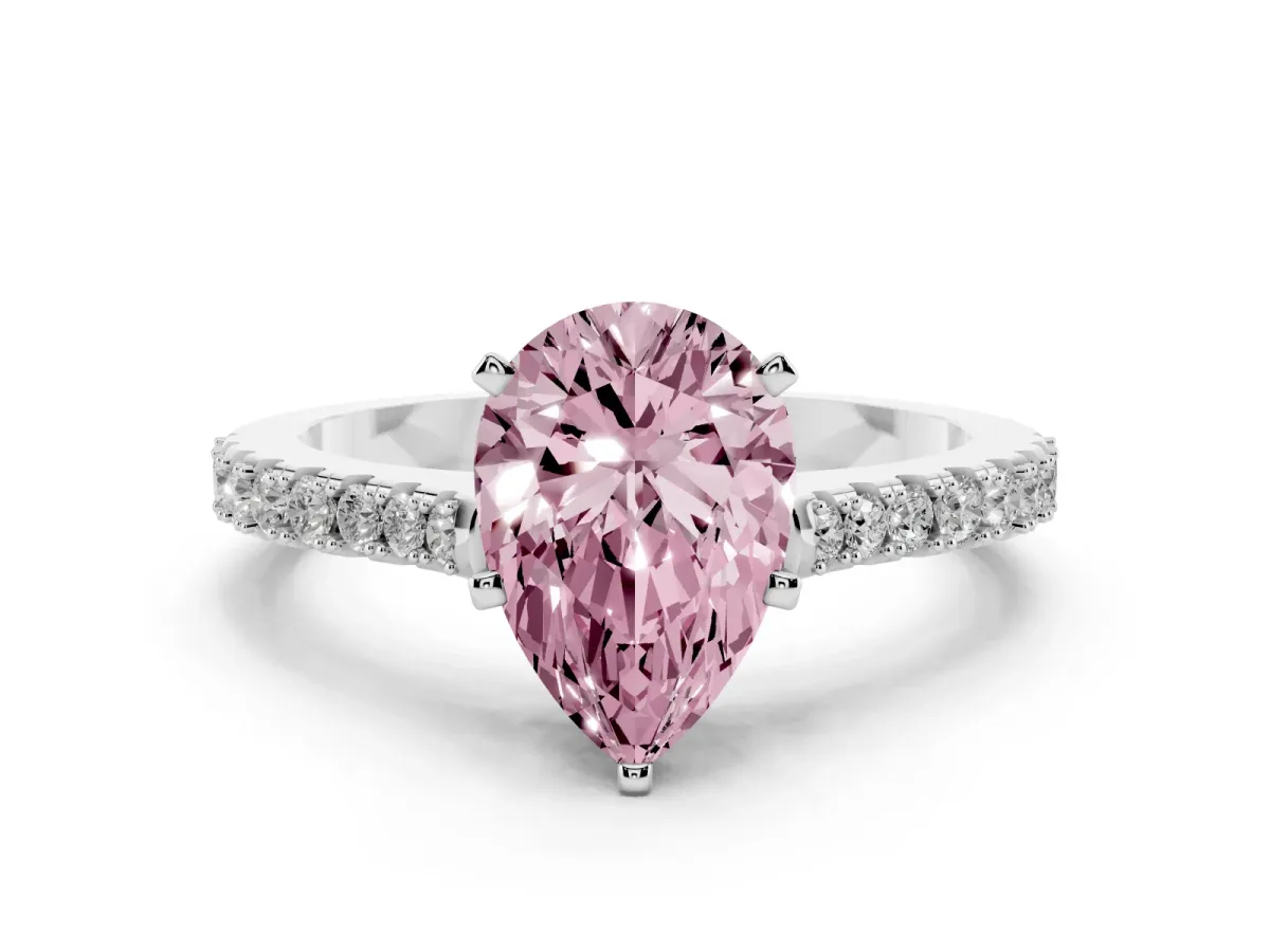 Fancy Pink Pear Cut Cut Solitaire Diamond Engagement Ring with Pave Band and Four-Prong Setting Platinum