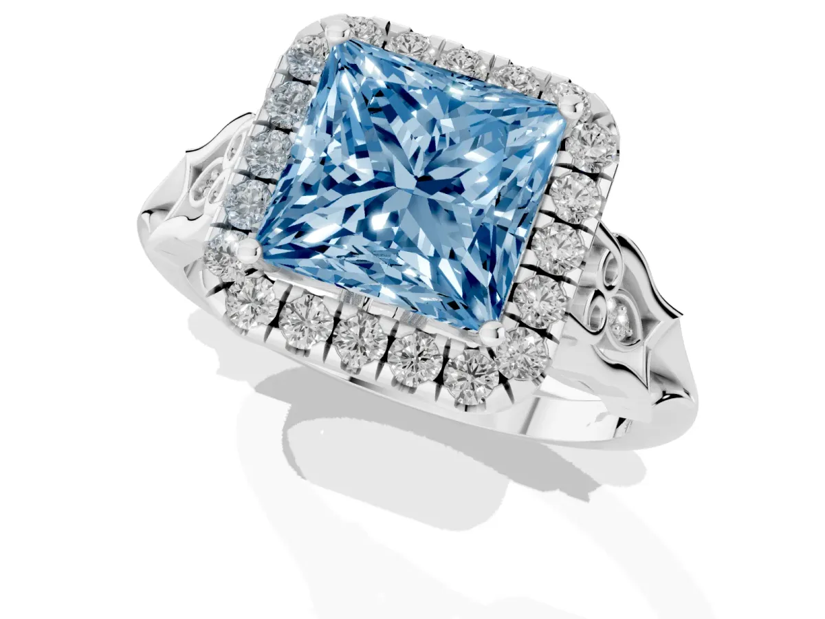 Fancy Blue Princess Cut Halo Diamond Engagement Ring with Filigree Band and Four-Prong Setting Silver