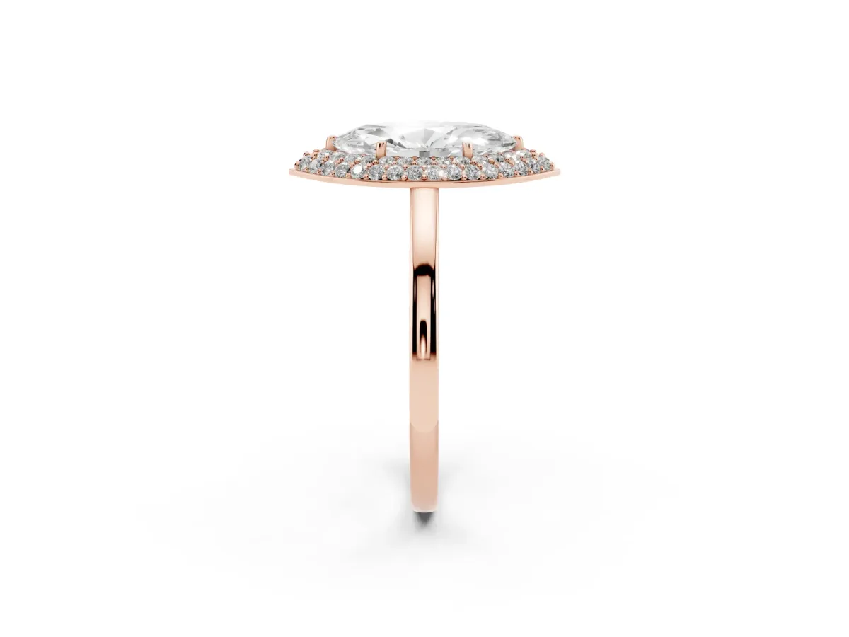 Marquise Cut Halo Diamond Engagement Ring with Solitaire Band and Four-Prong Setting Rose gold