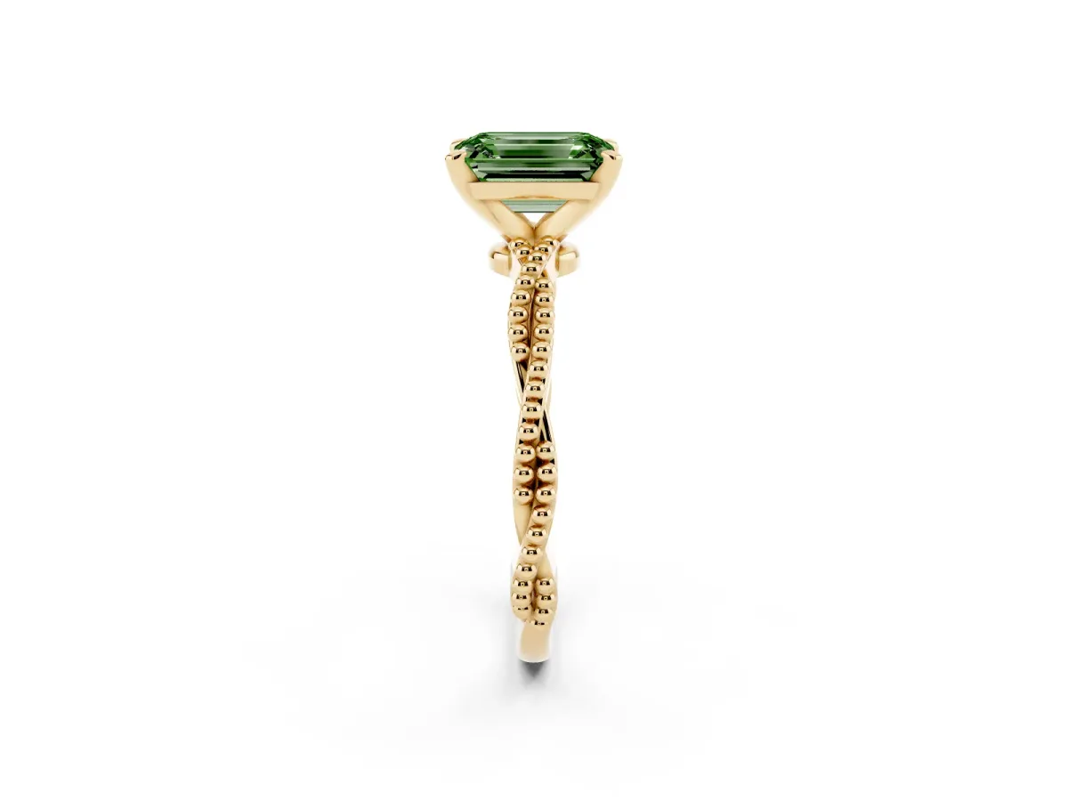 Fancy Green Emerald Cut Solitaire Twisted Band with Bead Prong Setting Yellow gold