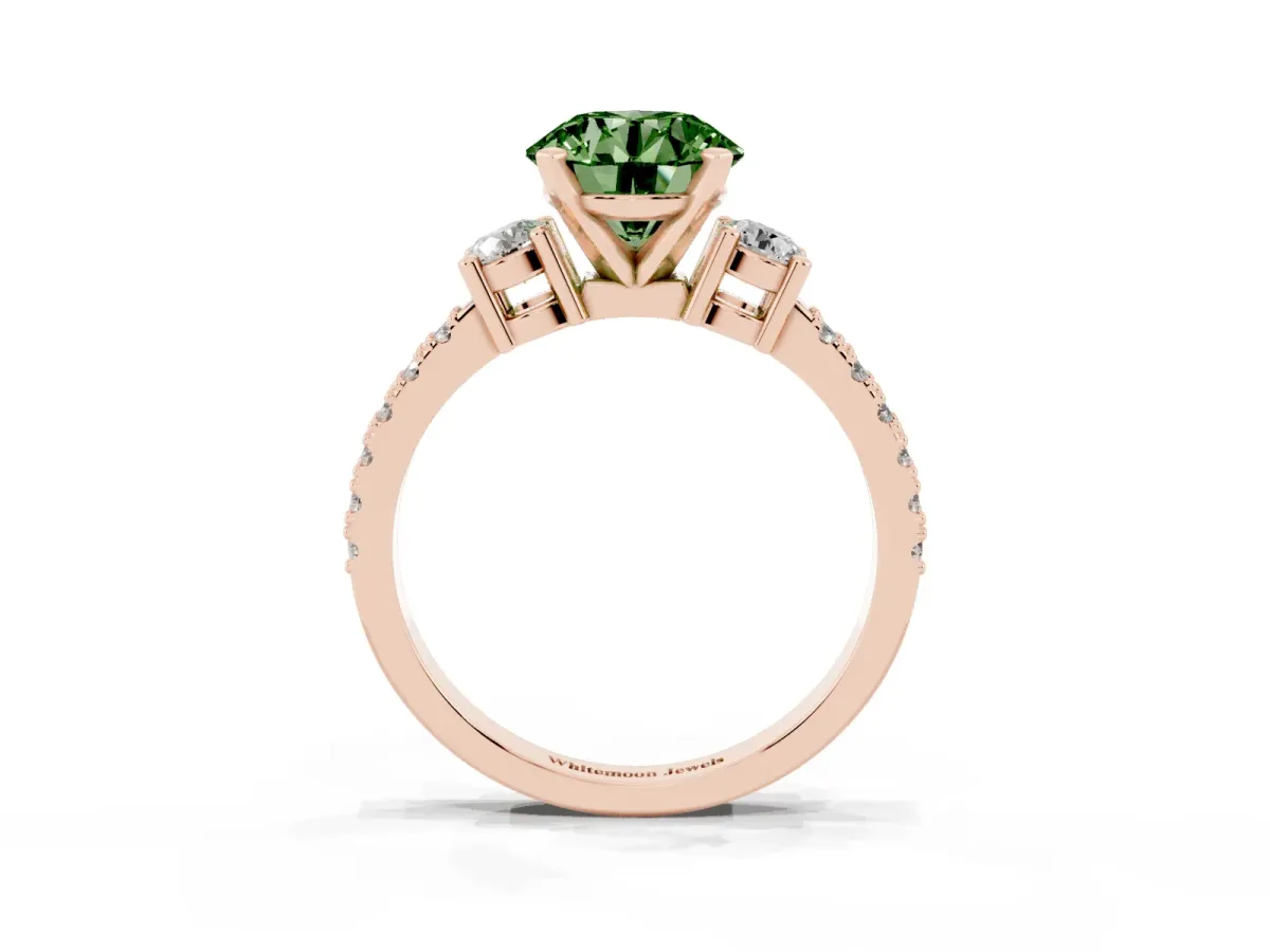 Fancy Green Round Cut Three-Stone Diamond Pavé Band with Prong Setting Rose gold