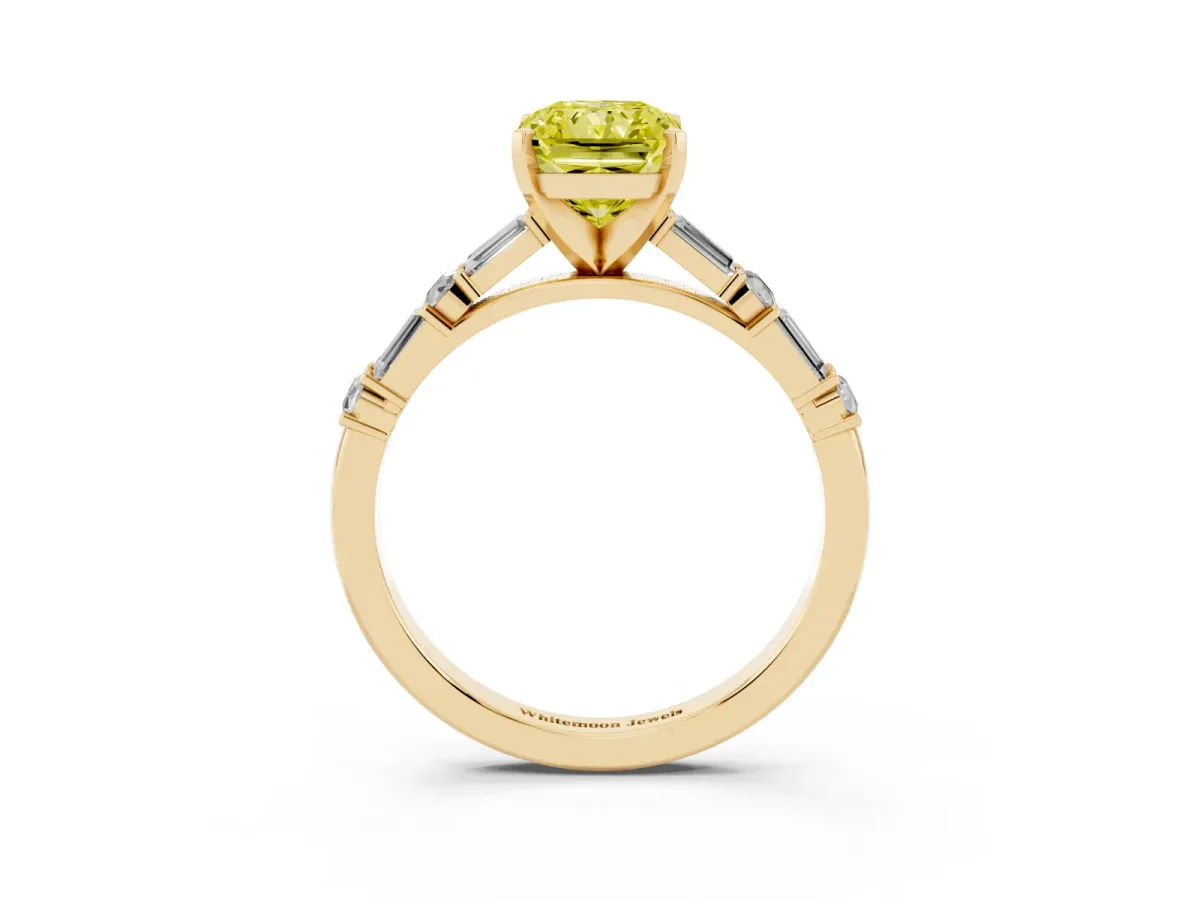 Fancy Yellow Radiant Cut Diamond Solitaire with Side Baguettes and Channel Set Band Yellow gold