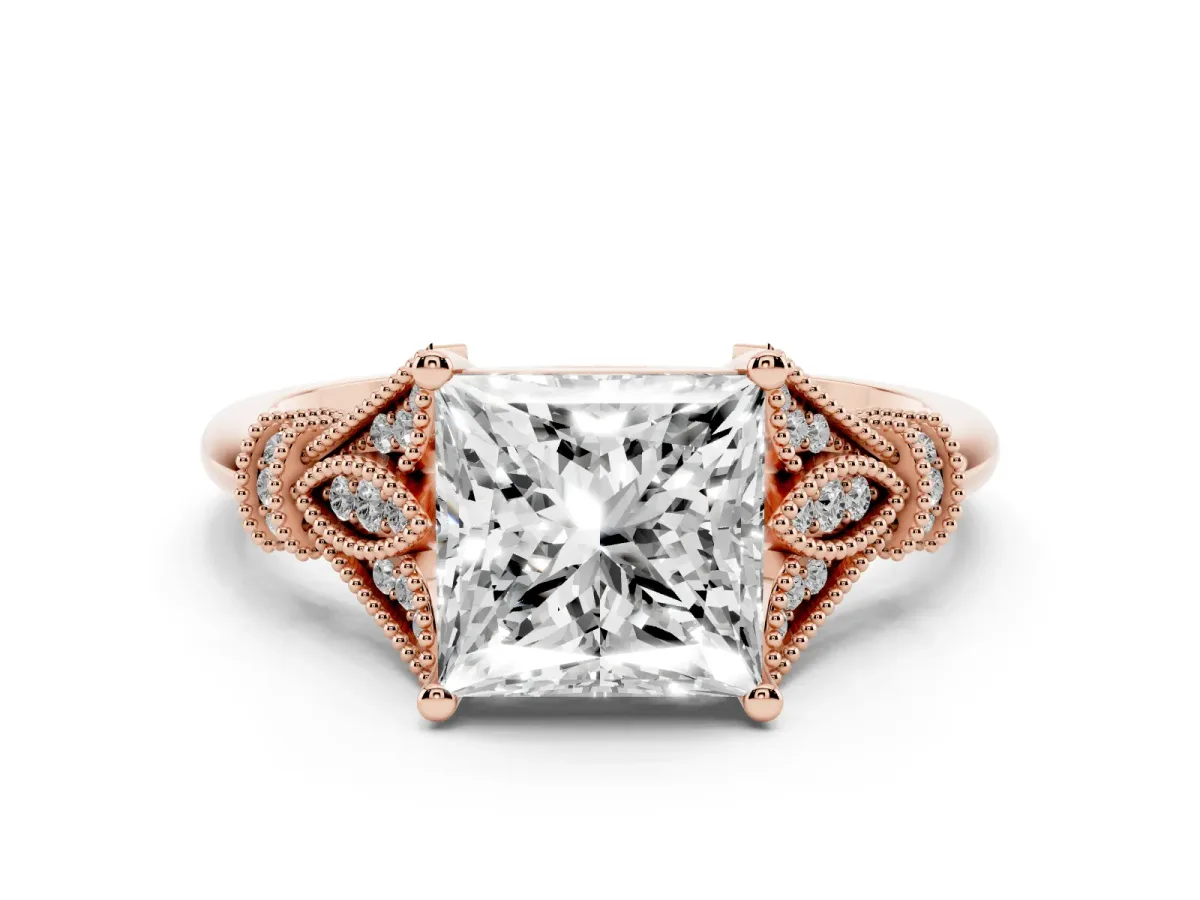 Princess Cut Diamond Solitaire Ring with Floral Filigree and Pave Accents Rose gold