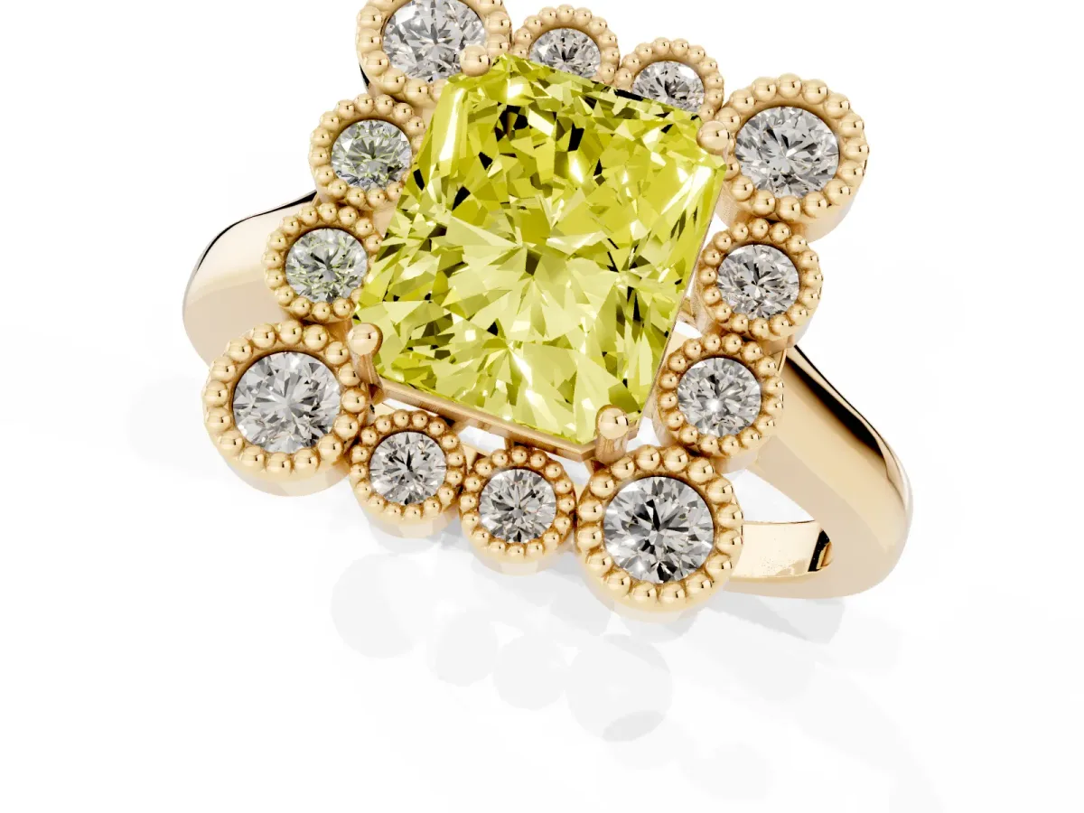Fancy Yellow Radiant Cut Halo Diamond Cluster Engagement Ring with Milgrain Bezel Setting and Solitaire Band Yellow gold