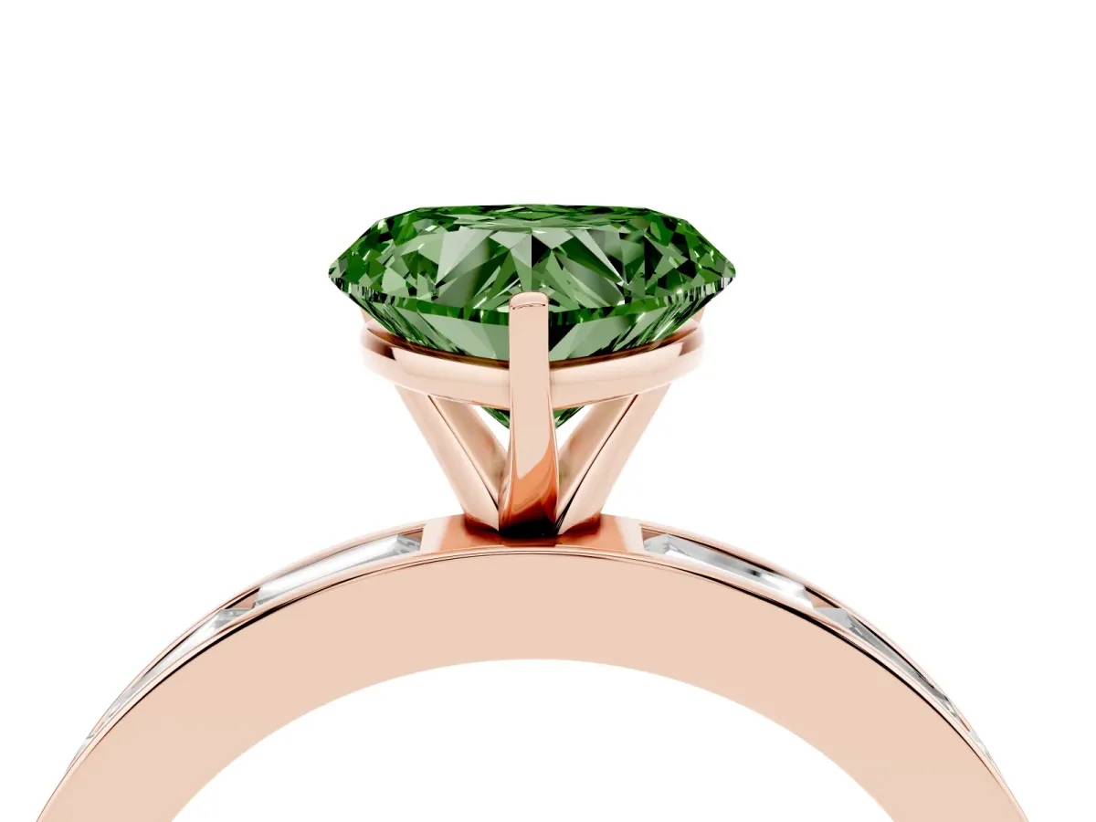 Fancy Green Heart Cut Solitaire Diamond Ring with Channel-Set Baguette Band and Four-Prong Setting Rose gold