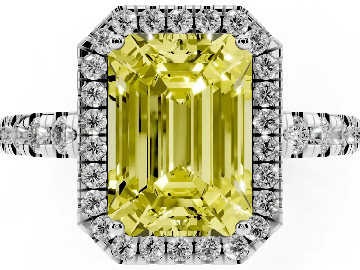 Fancy Yellow Emerald Cut Diamond Halo Ring with Pavé Band and Four-Prong Setting Platinum