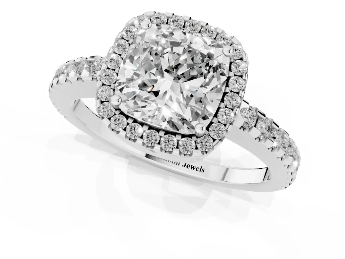 Cushion Cut Diamond Halo Engagement Ring with Pavé Band and Prong Setting Silver