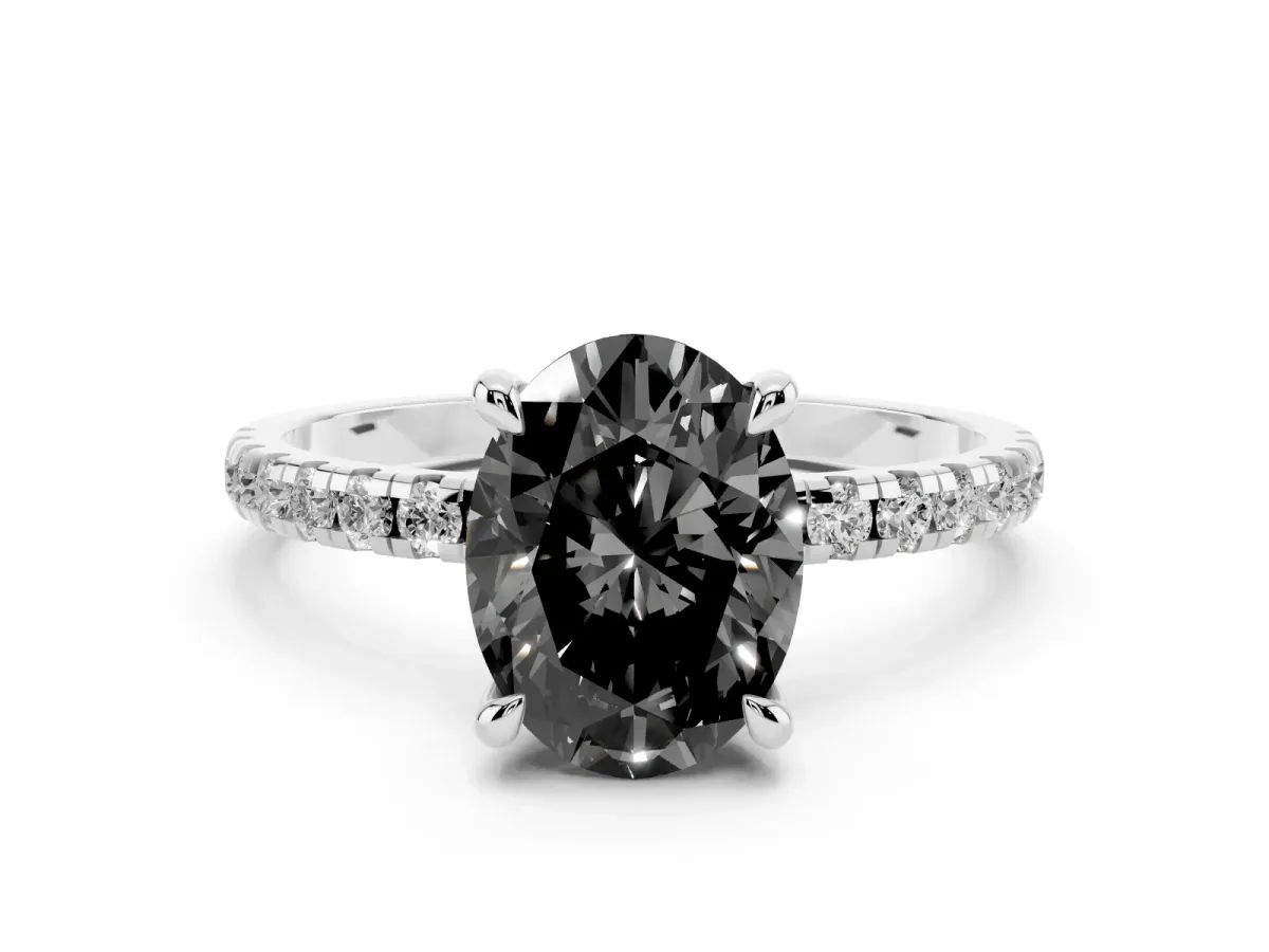 Fancy Black Oval Cut Diamond Brilliant Solitaire Ring with Pavé Band and Four-Prong Setting White gold