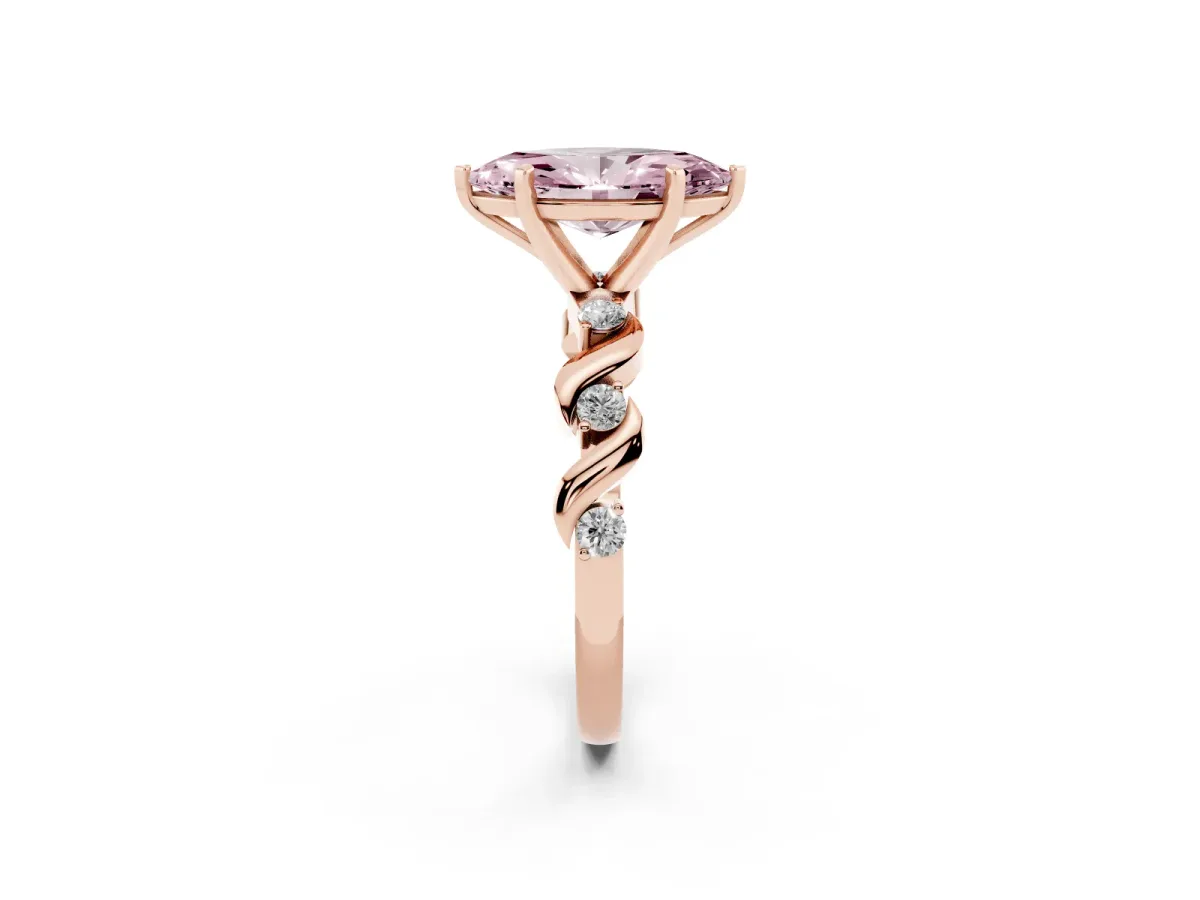 Fancy Pink Marquise Cut Diamond Solitaire Twisted Band with Round Accents and Prong Setting Rose gold