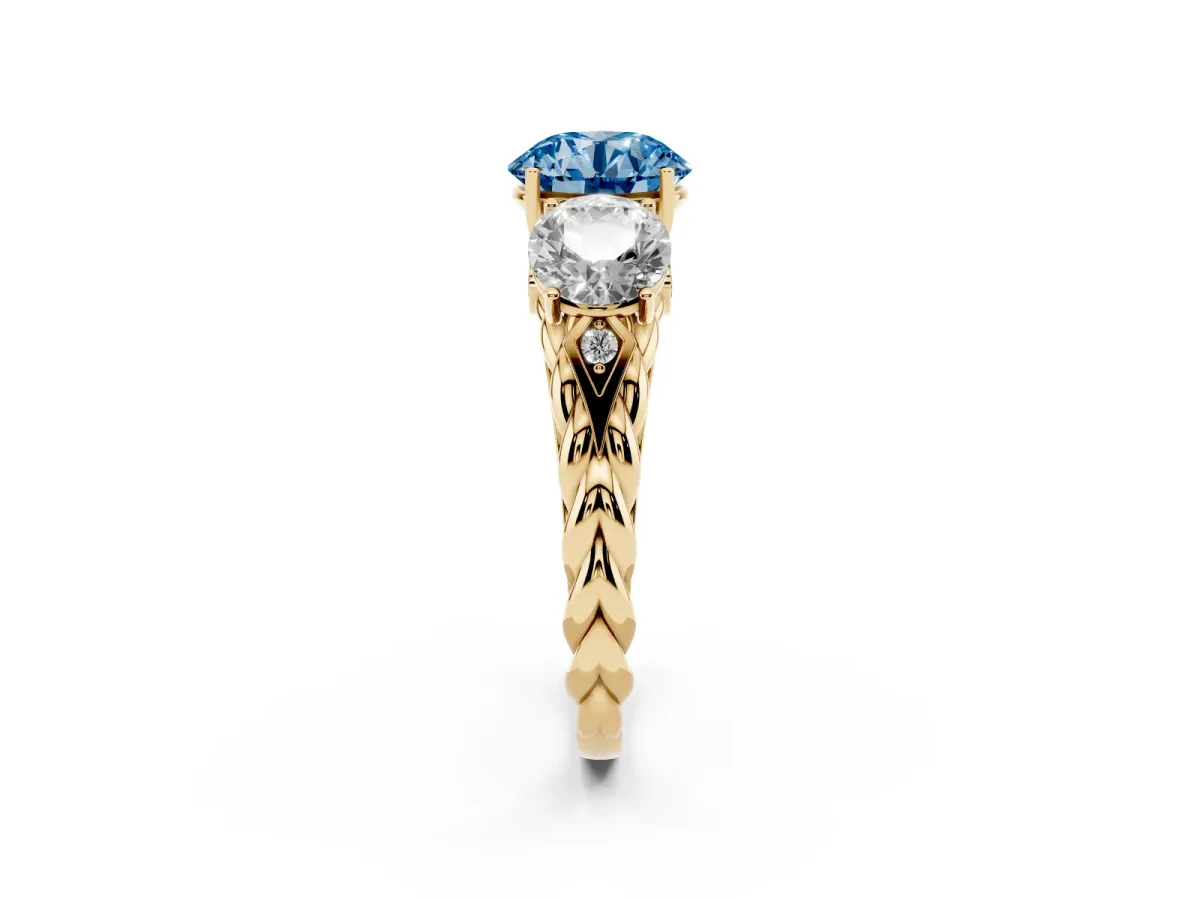 Fancy Blue Three-Stone Round Cut Diamond Braided Band Ring with Four-Prong Setting Yellow gold