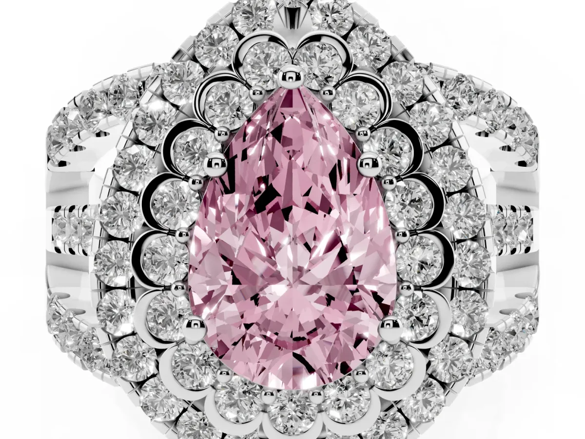 Fancy Pink Pear Cut Diamond Double Halo Ring with Round Pavé Split Shank and Prong Setting Silver