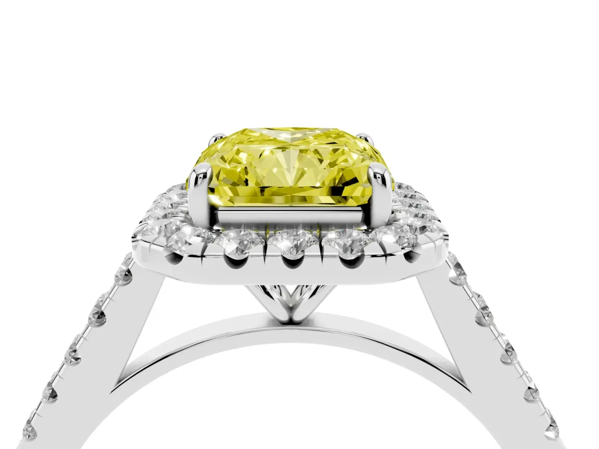 Fancy Yellow Radiant Cut Halo Pave Diamond Engagement Ring with Four-Prong Setting Silver