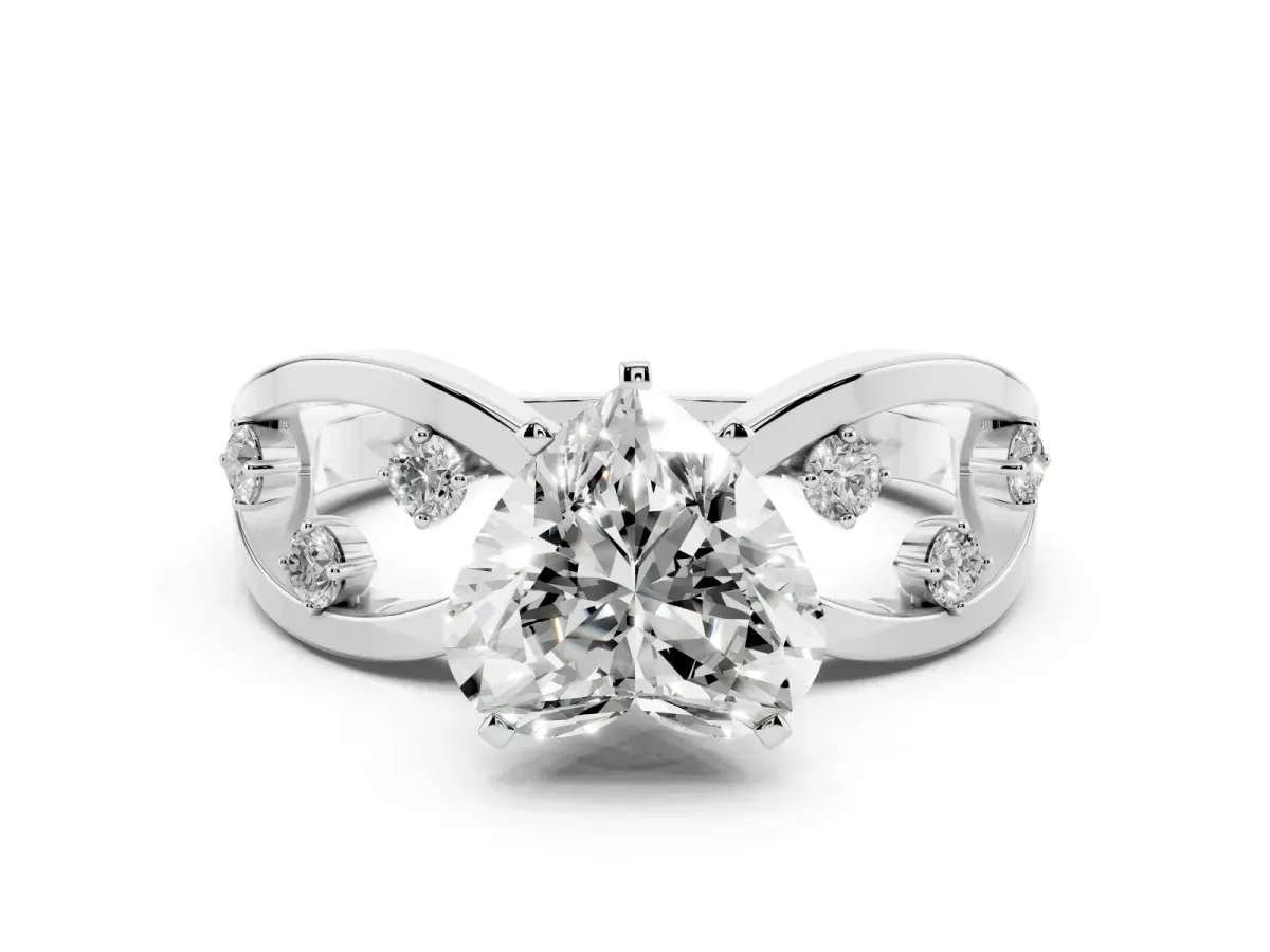 Heart Cut Cut Solitaire Diamond with Side Stones on Criss-Cross Band and Four-Prong Setting Silver