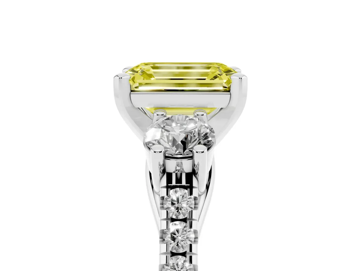 Fancy Yellow Three-Stone Emerald Cut Diamond Pavé Band with Four-Prong Setting Silver