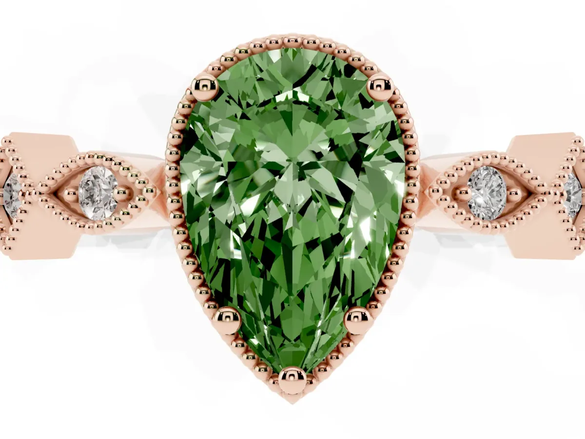 Fancy Green Pear Cut Milgrain Marquise Diamond Twist Band Ring Rose gold