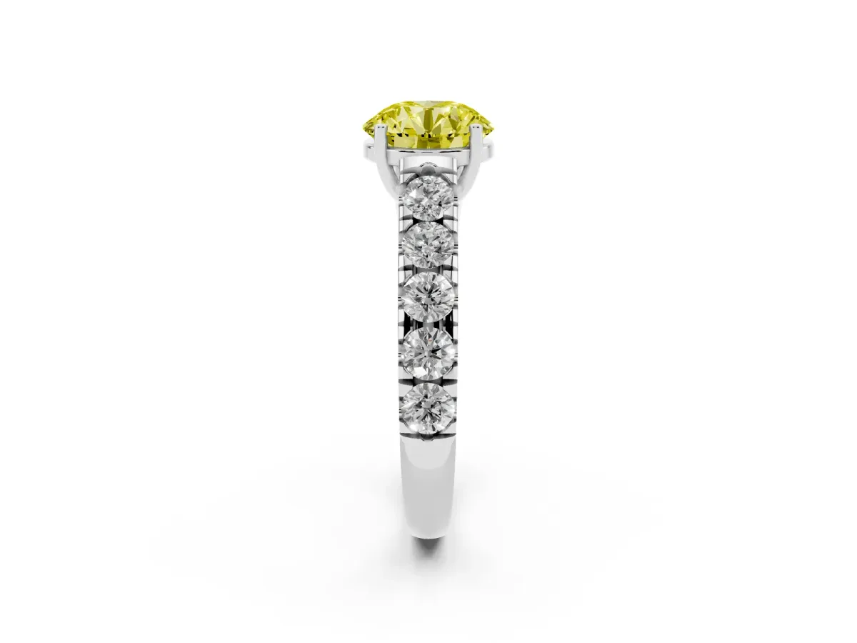 Fancy Yellow Round Cut Cut Diamond Solitaire Ring with Micro Pave Band and Prong Setting Platinum