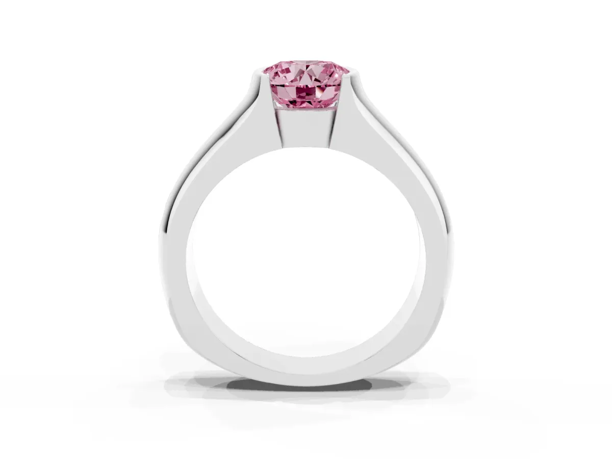 Fancy Pink Round Cut Solitaire Bezel Set Diamond Ring with Wide Band Silver